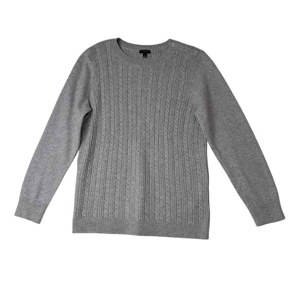 Talbots Sweater Womens Large Petite Gray Cable Knit Metallic Shimmer Holiday